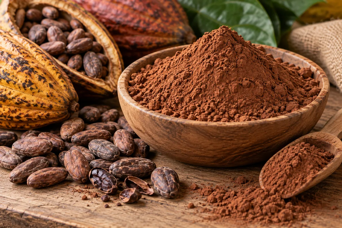 Indonesian cocoa powder and beans