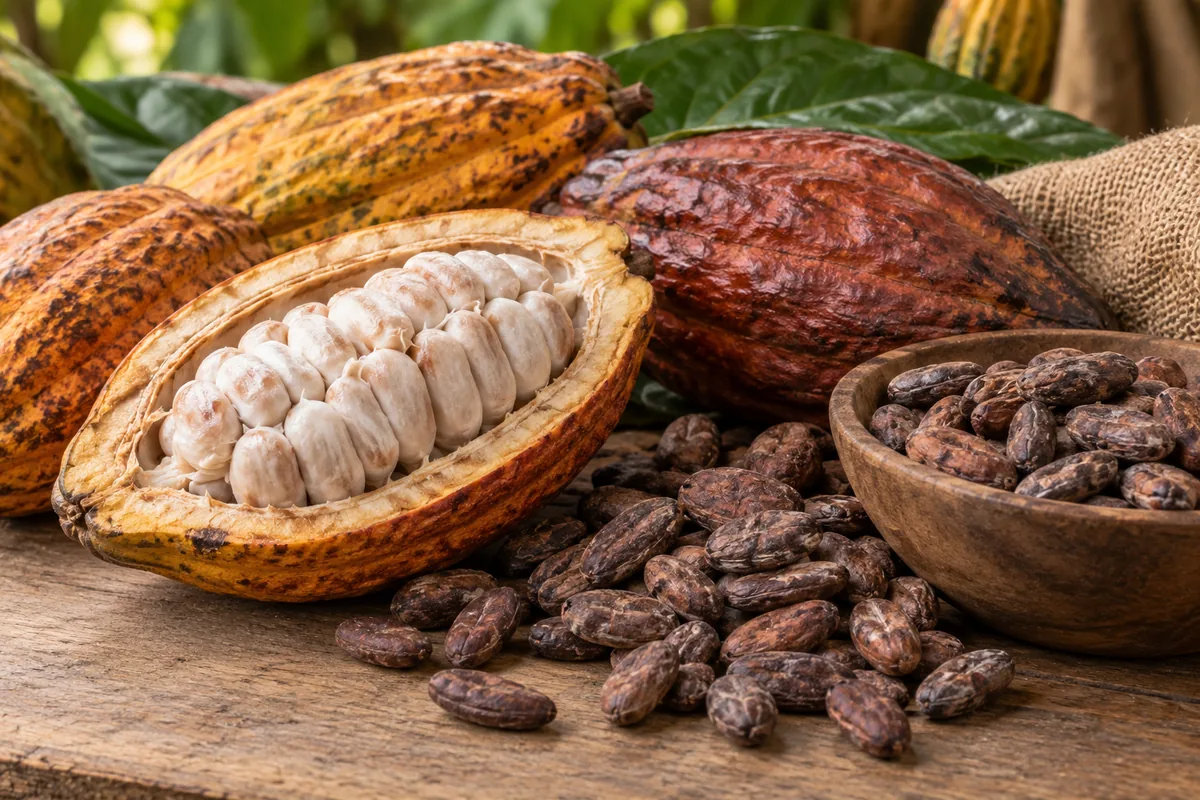Indonesian cocoa beans and pod